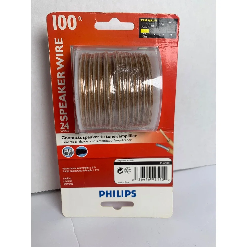 Philips 100ft Speaker Wire 24 Gauge‎ Clear Audio Cable PH62110 New Spool